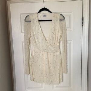 Embellished Wrap Over A-Line Mini Dress in Ivory